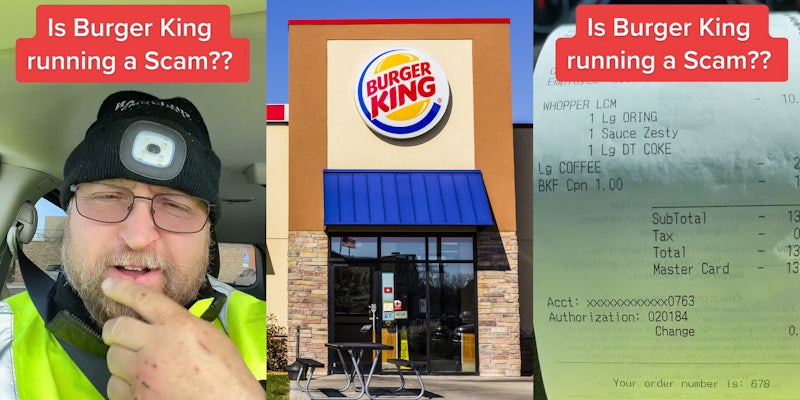 man in car speaking with hand on chin caption 'Is Burger King running a Scam??' (l) Burger King sign on building (c) Burger King receipt showing 'BFK Cpn 1.00' caption 'Is Burger King running a Scam??' (r)