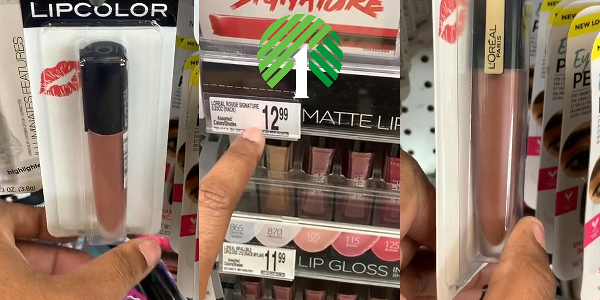 hand on Dollar Tree makeup (l) hand pointing to Loreal makeup with "12.99" price tag with the Dollar Tree logo centered above (c) hand turning Dollar Tree makeup to reveal Loreal logo (r)