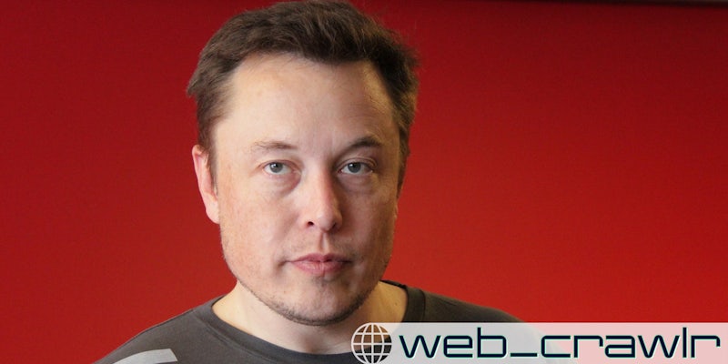 Elon Musk with a red background. The Daily Dot newsletter web_crawlr logo is in the bottom right corner.