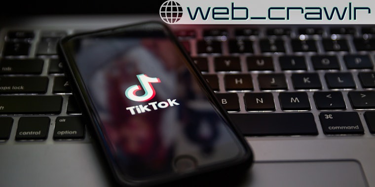 A smartphone with the TikTok logo on it sitting on a keyboard. The Daily Dot newsletter web_crawlr logo is in the top right corner.