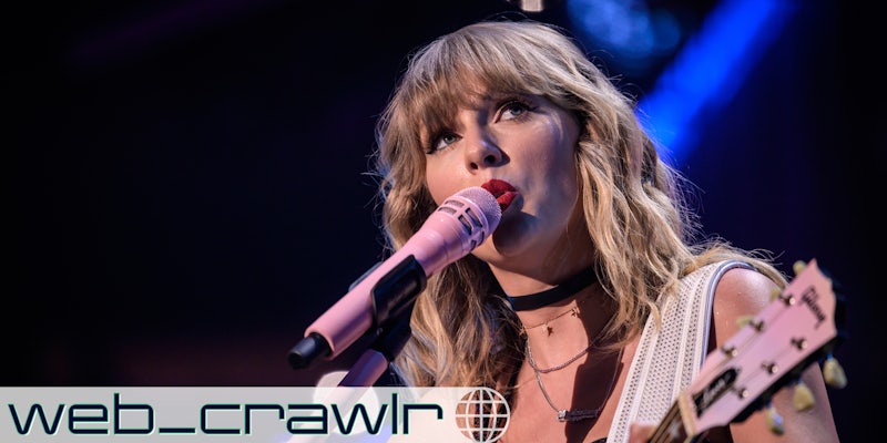 Taylor Swift singing into a microphone. The Daily Dot newsletter web_crawlr logo is in the bottom left corner.