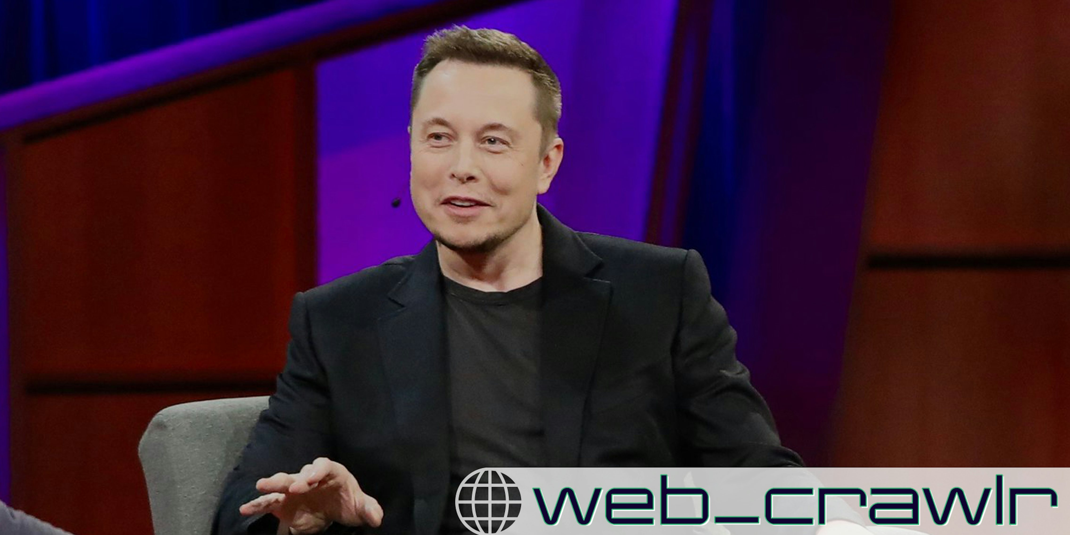 Elon Musk speaking during an interview. The Daily Dot newsletter web_crawlr logo is in the bottom right corner.