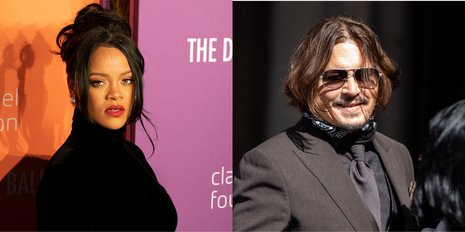 Rihanna in front of orange and pink background (l) Johnny Depp in front of gray and black background (r)