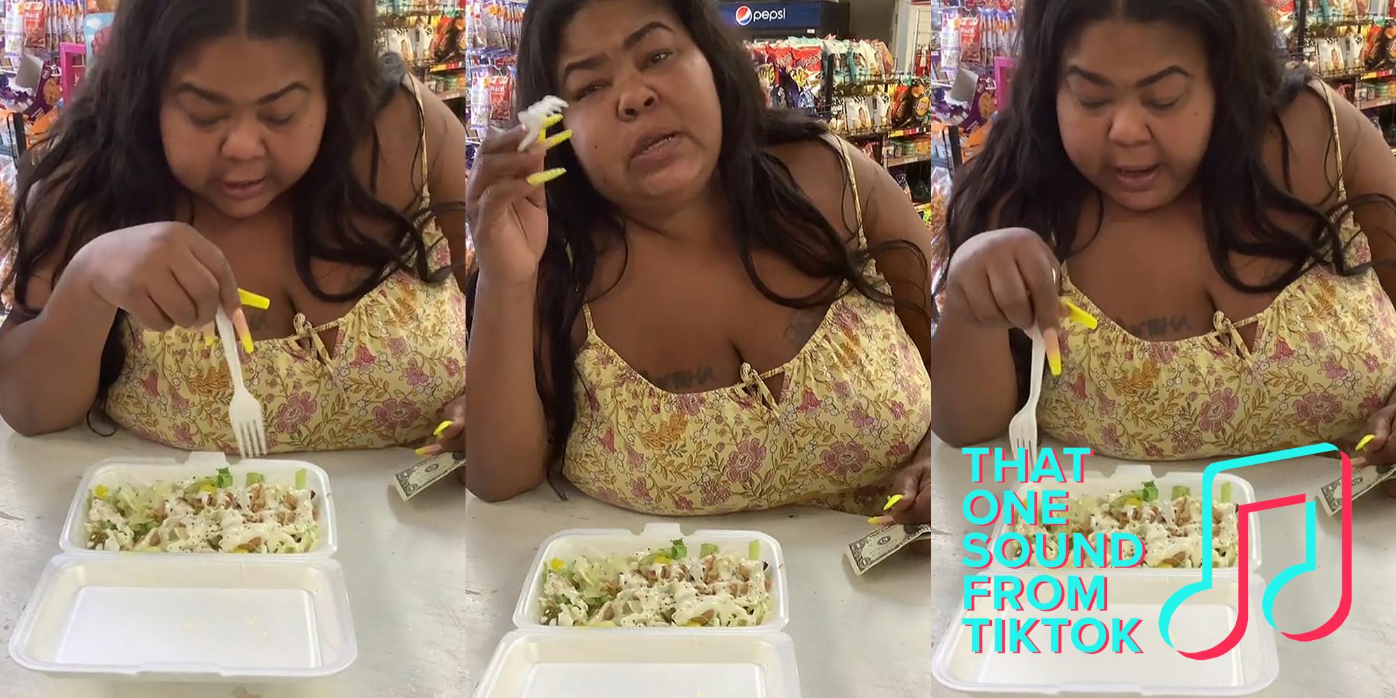 woman holding fork above chicken salad on white table while speaking (l) woman holding fork up speaking with chicken salad on white table (c) woman holding fork above chicken salad on white table while speaking with caption "THAT ONE SOUND FROM TIKTOK" (r)