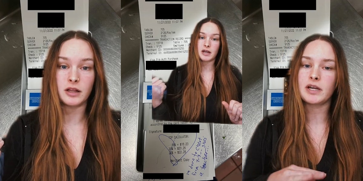 server greenscreen TikTok over image of receipt (l) server greenscreen TikTok over image of receipt 'im down to cheat from 7-3 she's a teacher' written on it (c) server greenscreen TikTok over image of receipt (r)