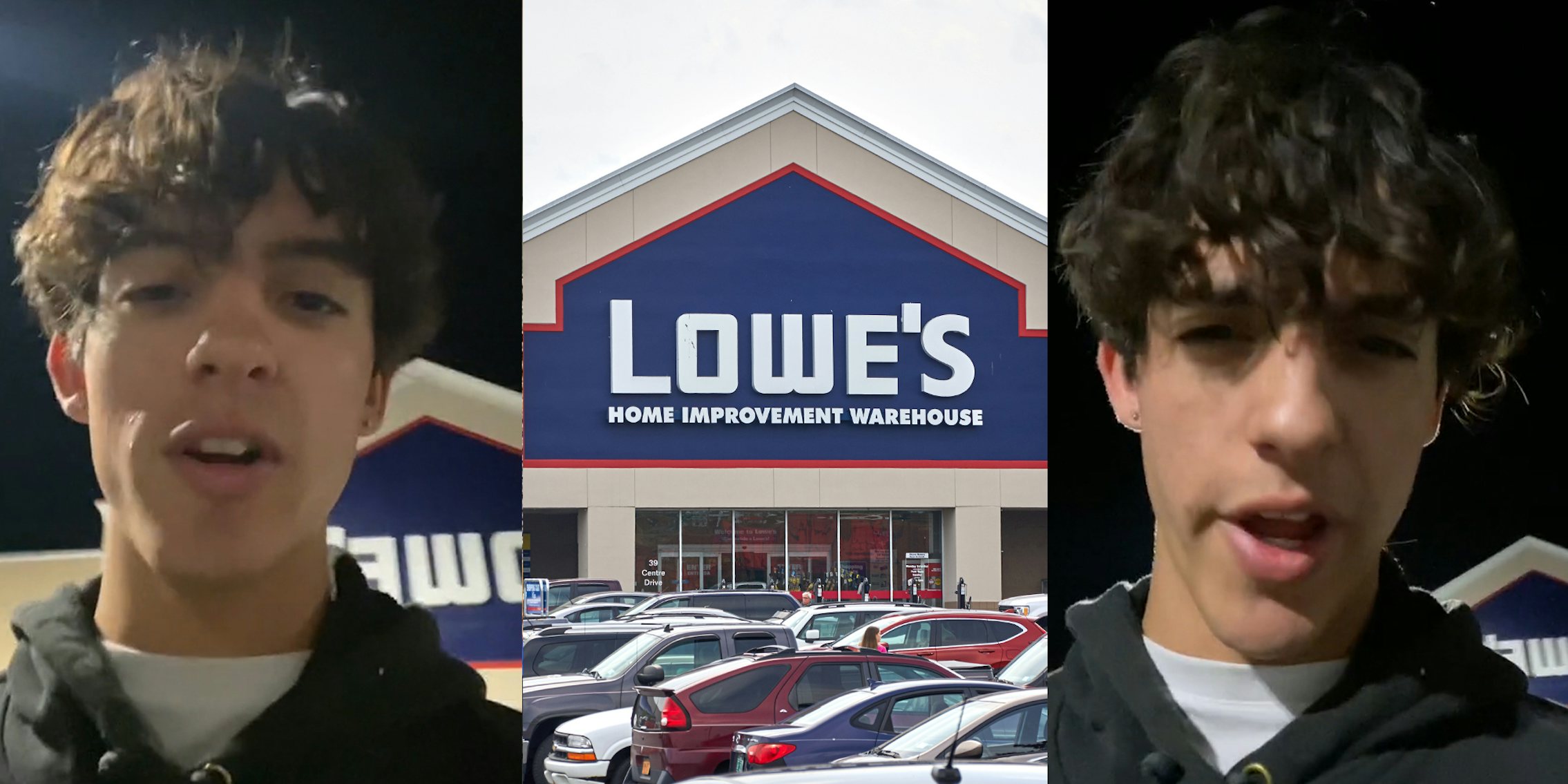 Lowe's employee speaking in parking lot (l) Lowe's store with cars in parking lot (c) Lowe's employee speaking in parking lot (r)