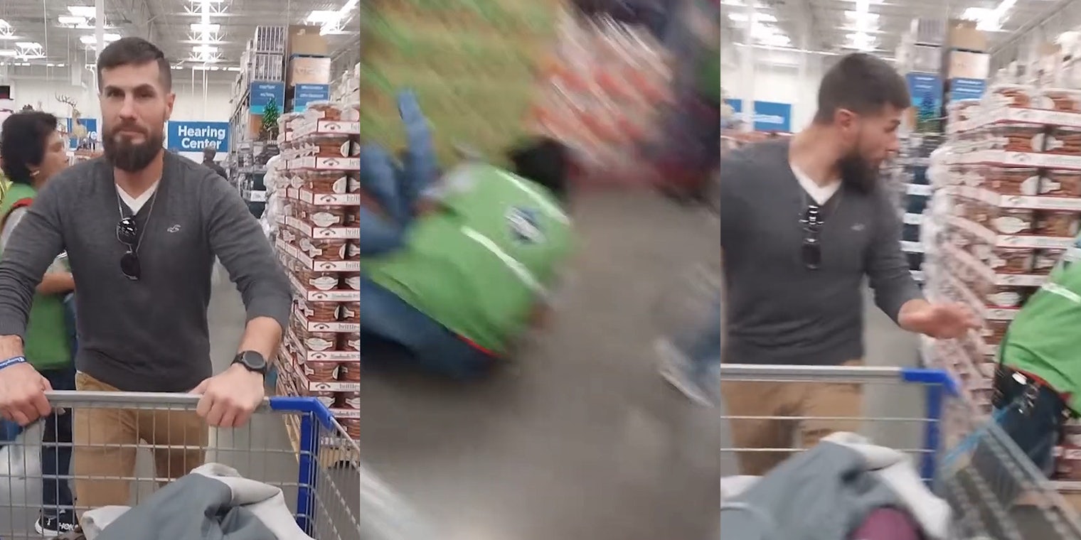 man holding cart at Sam's Club while worker walks behind him (l) Sam's Club worker falling to ground in motion (c) man accidentally tripping Sam's Club worker, putting his arm out to try to help (r)