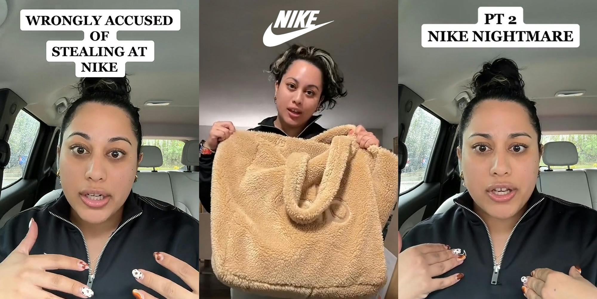 woman speaking in car caption "WRONGLY ACCUSED OF STEALING AT NIKE" (l)n woman holding up bag with Nike logo white above her head (c) woman speaking in car caption "PT 2 NIKE NIGHTMARE" (r)