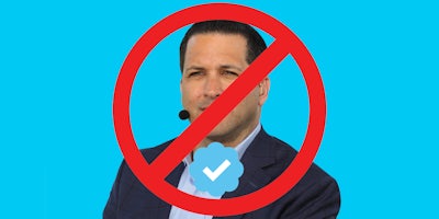 Adam Schefter on blue background with Twitter verified symbol and red circle crossing him out
