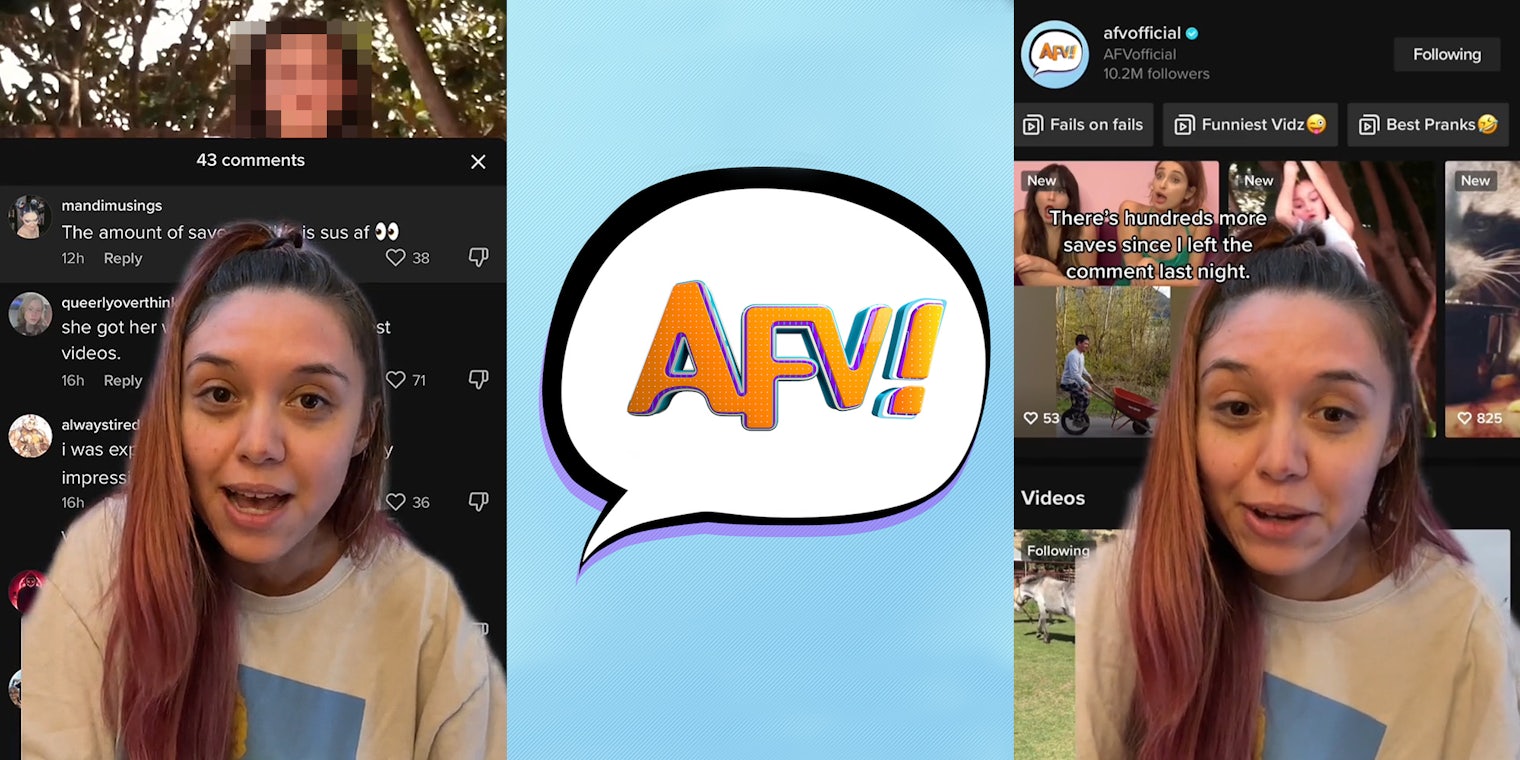 woman greenscreen TikTok over AFV TikTok account (l) America's Funniest Home Videos logo on blue textured background (c) woman greenscreen TikTok over AFV TikTok account caption 'There's hundreds more saves since I left the comment last night.' (r)