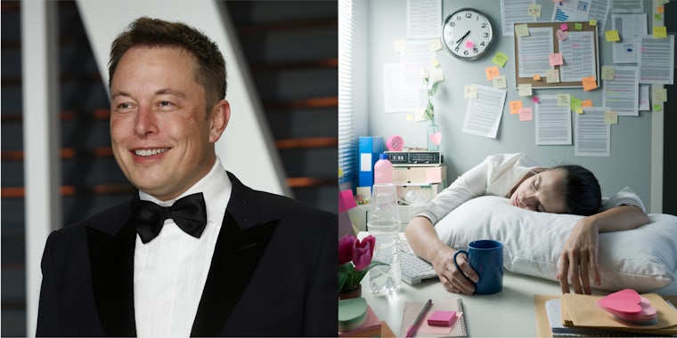 elon musk smiling next to photo of woman sleeping at work