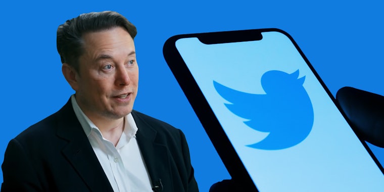 Elon Musk with hand silhouette holding phone with Twitter logo all on blue background