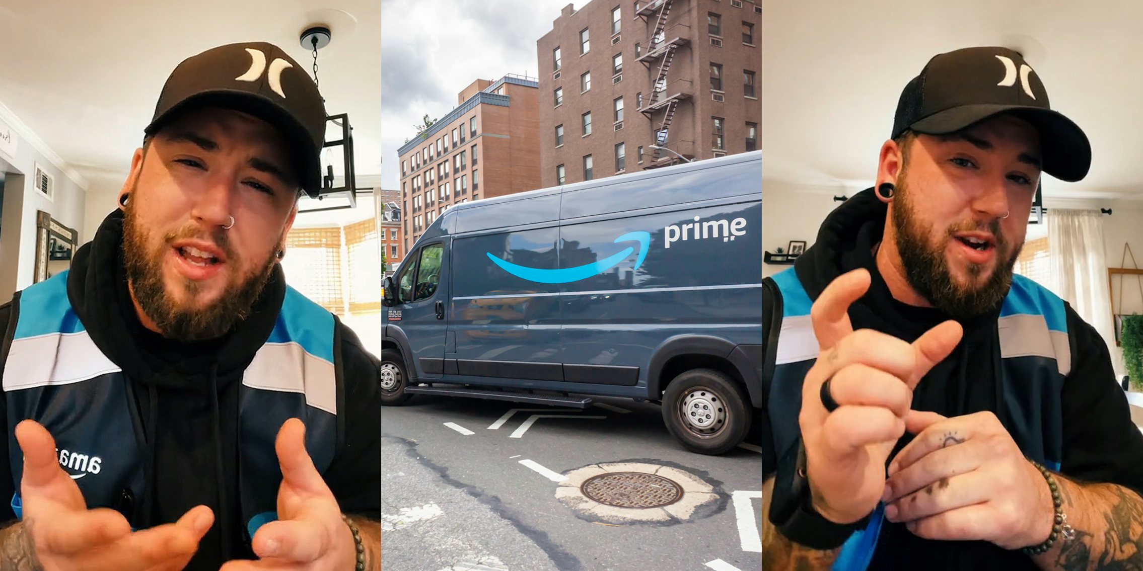 Amazon driver speaking with hands out (l) Amazon driver in delivery truck (c) Amazon driver speaking with hand up (r)