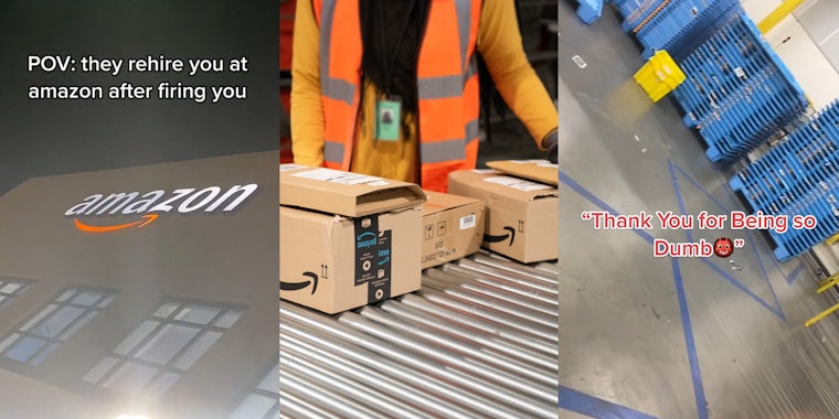 exterior of Amazon building with logo caption 'POV: they rehire you at amazon after firing you' (l) Amazon worker with hand on boxes (c) Amazon building interior caption ''Thank you for being so dumb'' (r)