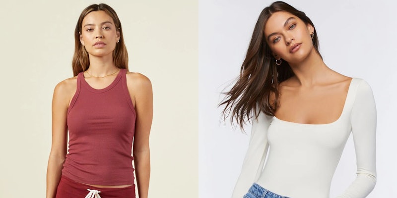 A side-by-side image of a woman wearing a red MONROW tank top and lounge pants against a beige background and a woman wearing a Forever 21 scoop neck white top and jeans against a white background.