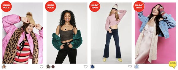 best black friday clothing deals - A screenshot of the Forever 21 website showing four different outfits each with a red badge reading "holiday deals!" in white lettering.