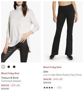 best black friday clothing deals - A screenshot of the Nordstrom website showing a woman in a white turtleneck sweater and a woman in black flare pants, both items marked down.