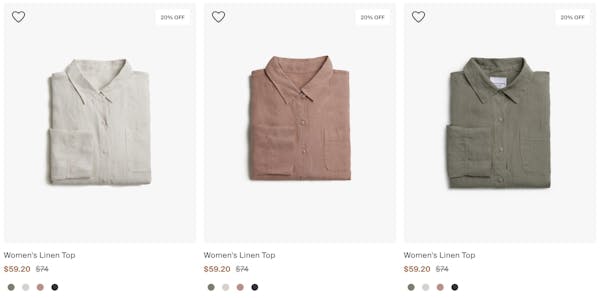 best black friday clothing deals - A screenshot of the Parachute website showing three different color linen tops, each marked down from $74 to $59.20.