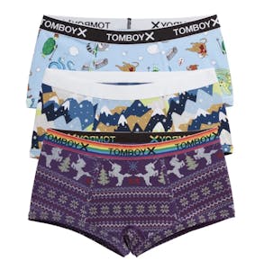 Three pairs of holiday-themed Tomboyx boy shorts against a white background.