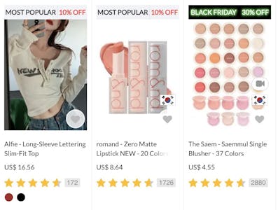 best black friday clothing deals - A screenshot of the yesstyle.com website showing a long-sleeve shirt, matte lipstick, and a collection of blush.