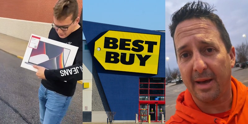 person at Best Buy parking lot holding box with laptop inside (l) Best buy sign on building (c) man speaking at Best Buy parking lot (r)