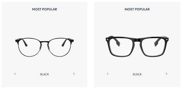 A screenshot of the LensCrafters website depicting two black glasses frames with the words "most popular" over them.