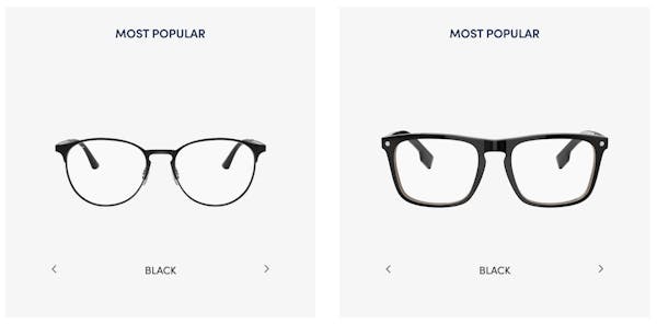A screenshot of the LensCrafters website depicting two black glasses frames with the words "most popular" over them.