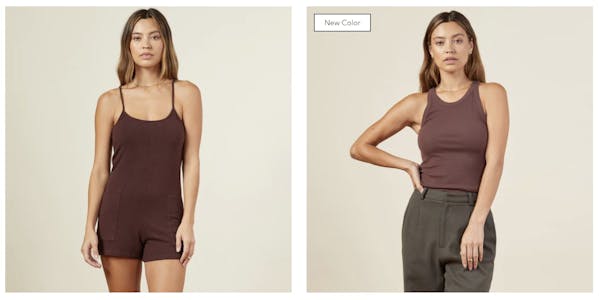 best cyber monday clothing deals - Two side-by-side images of a woman dressed in a brown romper and a woman in a brown tank top and olive slacks.