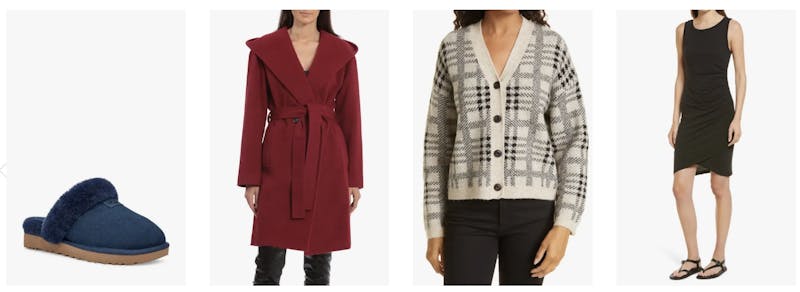 A screenshot of the Nordstrom website depicting a blue Ugg, a red trench coat, a grey plaid cardigan, and a black dress.
