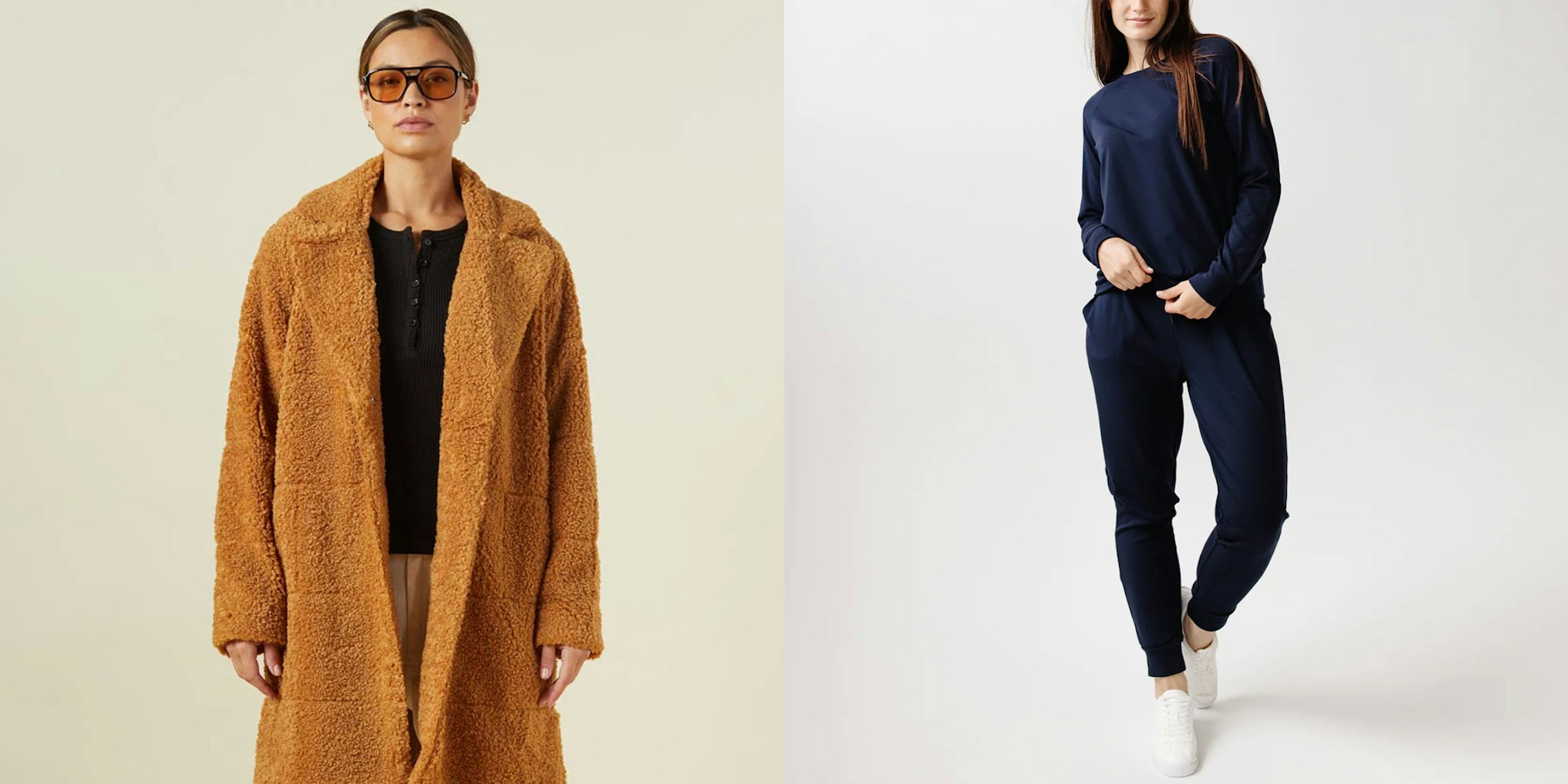 Two side-by-side images showing a woman in a tan fuzzy coat from MONROW and a woman in a navy blue bamboo jogging leisure suit from Cozy Earth.
