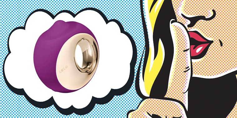 A pop art illustration of a woman holding a finger to her lips beside a pop art speech bubble featuring the LELO Ora 3 vibrator.