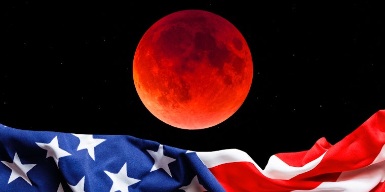Blood moon eclipse with American flag at bottom