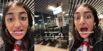 woman at airport caption 'am I stranded?!?' (l) airport seating area empty caption 'am I stranded?!?' (c) woman at airport caption 'am I stranded?!?' (r)