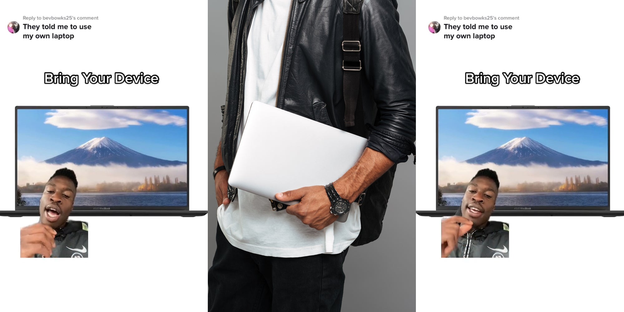 Man greenscreen TikTok over image of laptop caption 'They told me to bring my own laptop' 'Bring Your Device' (l) man carrying laptop in front of gray background (c) Man greenscreen TikTok over image of laptop caption 'They told me to bring my own laptop' 'Bring Your Device' (r)