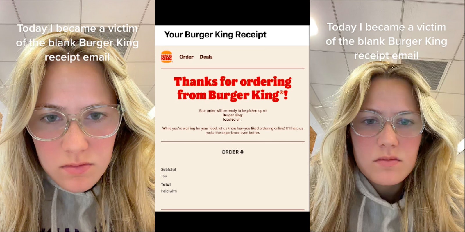 girl shows blank burger king receipt email on tiktok