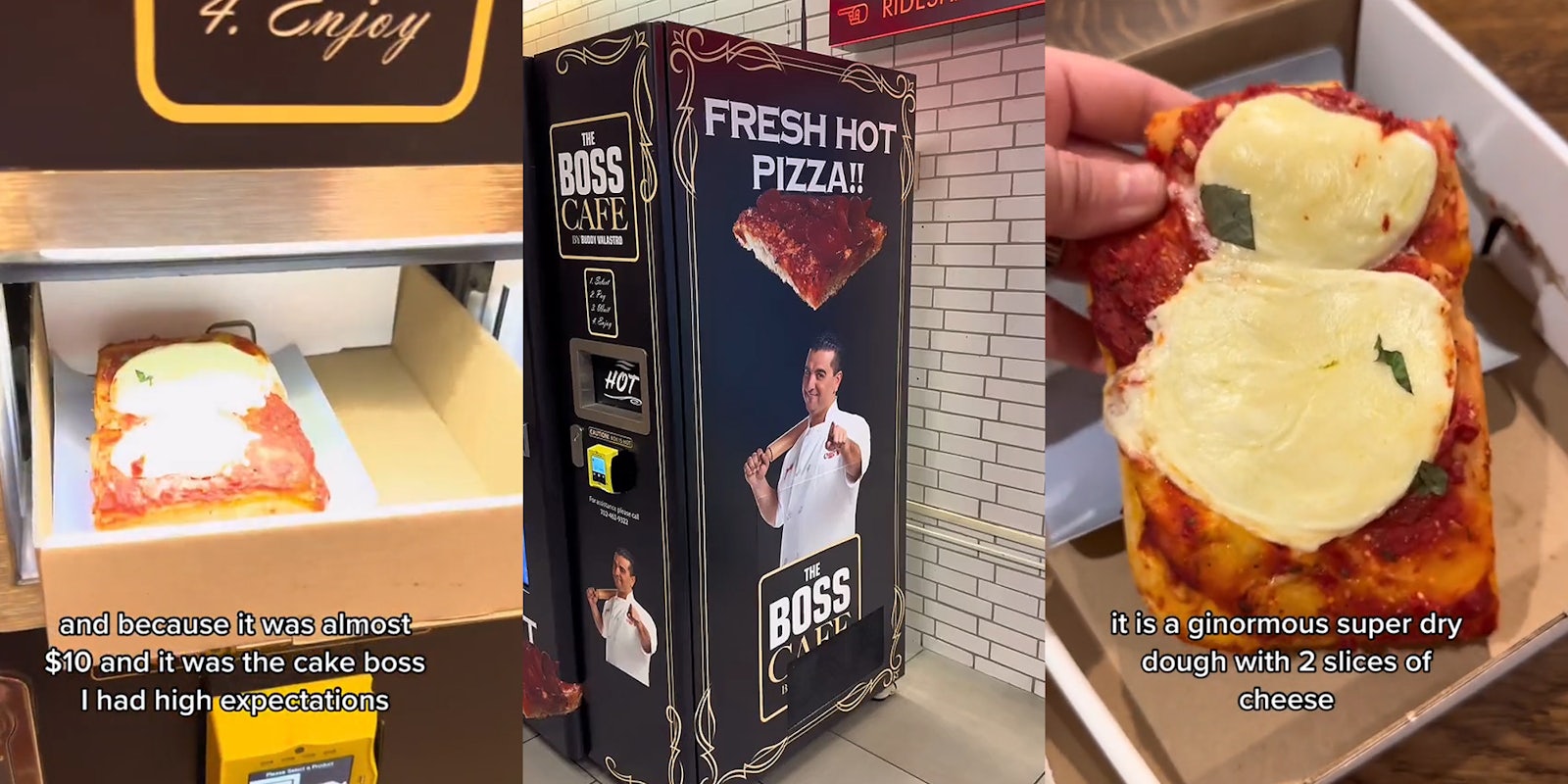 Pizza in cardboard tray coming from vending machine caption 'and because it was almost $10 and it was the cake boss I had high expectations' (l) Cake Boss pizza vending machine (c) woman hand holding pizza up over cardboard tray caption 'it is a ginormous super dry dough with 2 slices of cheese' (r)