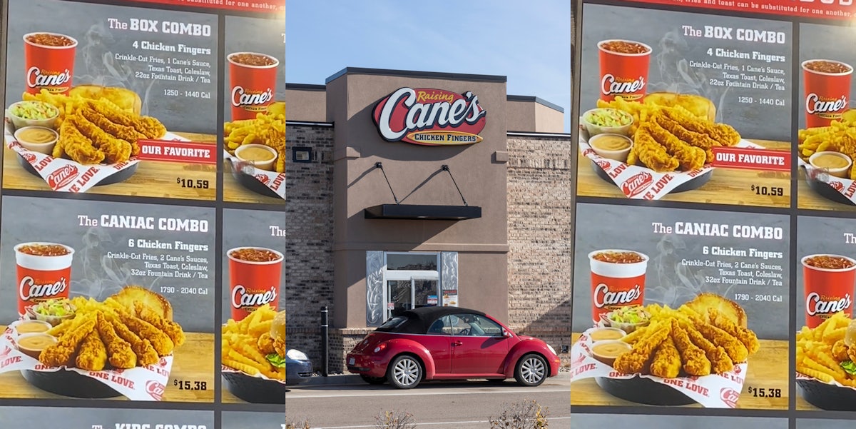 Cane's drive thru menu with 'The Caniac Combo' at $15.38 (l) Cane's drive through with sign (c) Cane's drive thru menu with 'The Caniac Combo' at $15.38 (r)