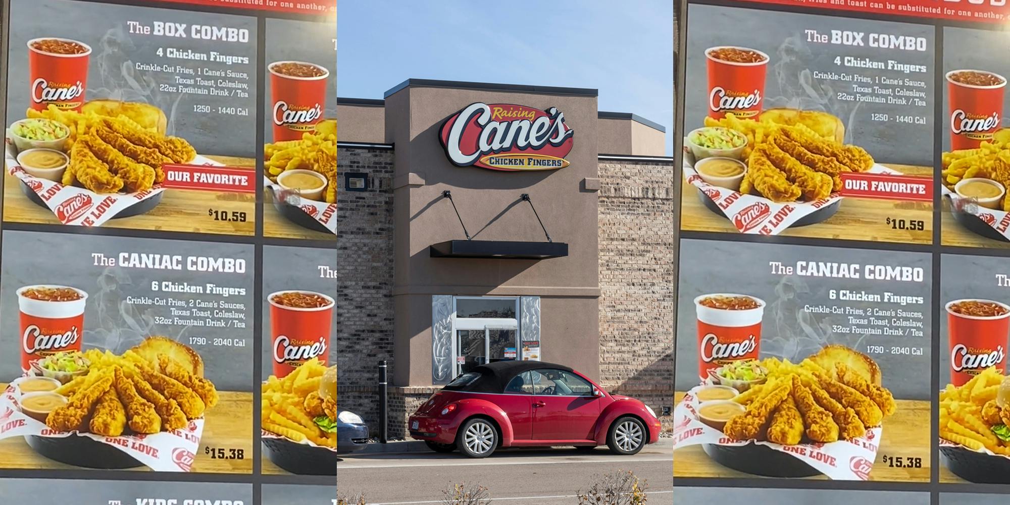 Cane's drive thru menu with "The Caniac Combo" at $15.38 (l) Cane's drive through with sign (c) Cane's drive thru menu with "The Caniac Combo" at $15.38 (r)