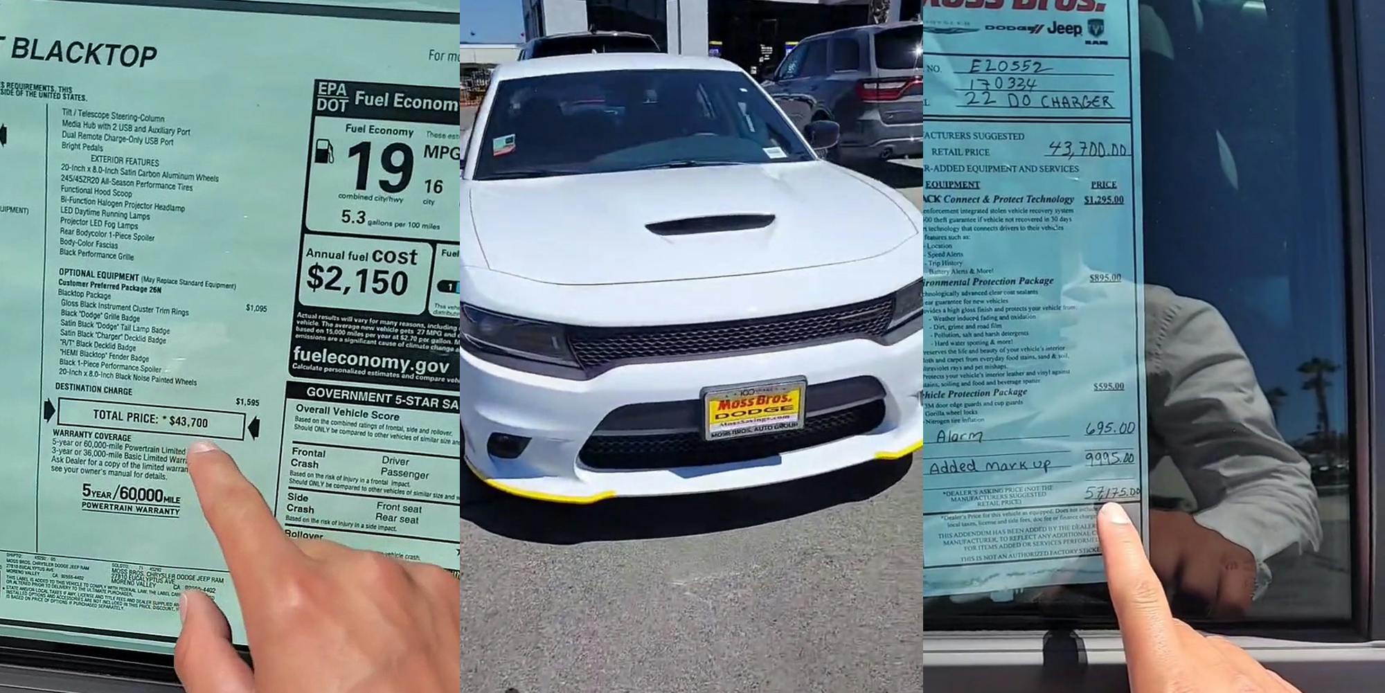 man pointing to paper in car window "TOTAL PRICE *$43,700" (l) white Dodge in dealership parking lot (c) man pointing to paper in car window "Alarm 695.00 Added Markup 9995.00 57,175.00" (r)
