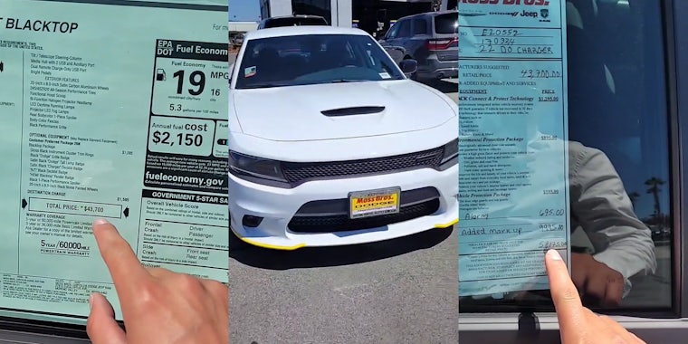 man pointing to paper in car window 'TOTAL PRICE *$43,700' (l) white Dodge in dealership parking lot (c) man pointing to paper in car window 'Alarm 695.00 Added Markup 9995.00 57,175.00' (r)