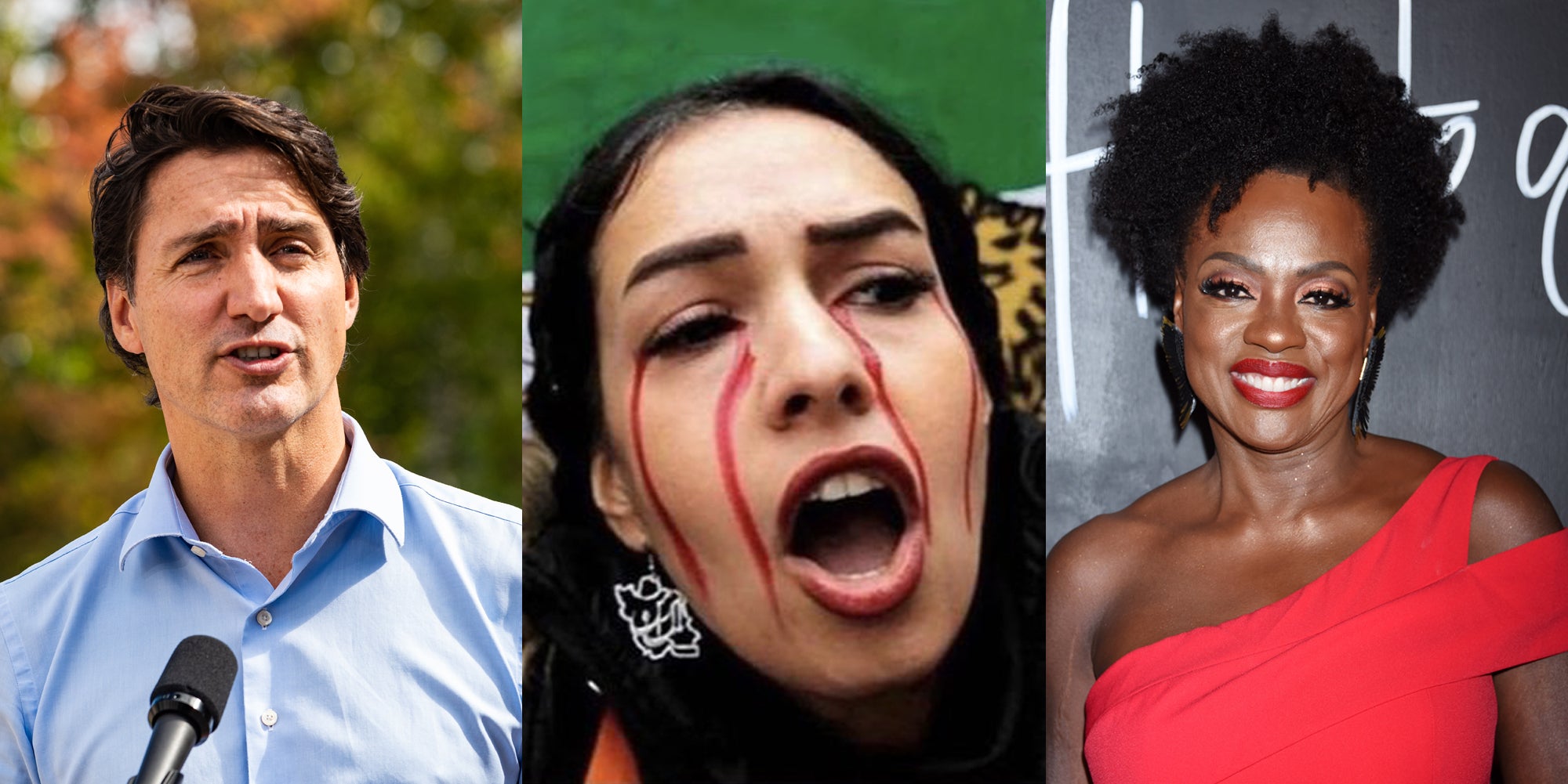 Prime Minister Justin Trudeau speaking outside (l) woman with paint on face speaking (c) Viola Davis in front of gray background (r)