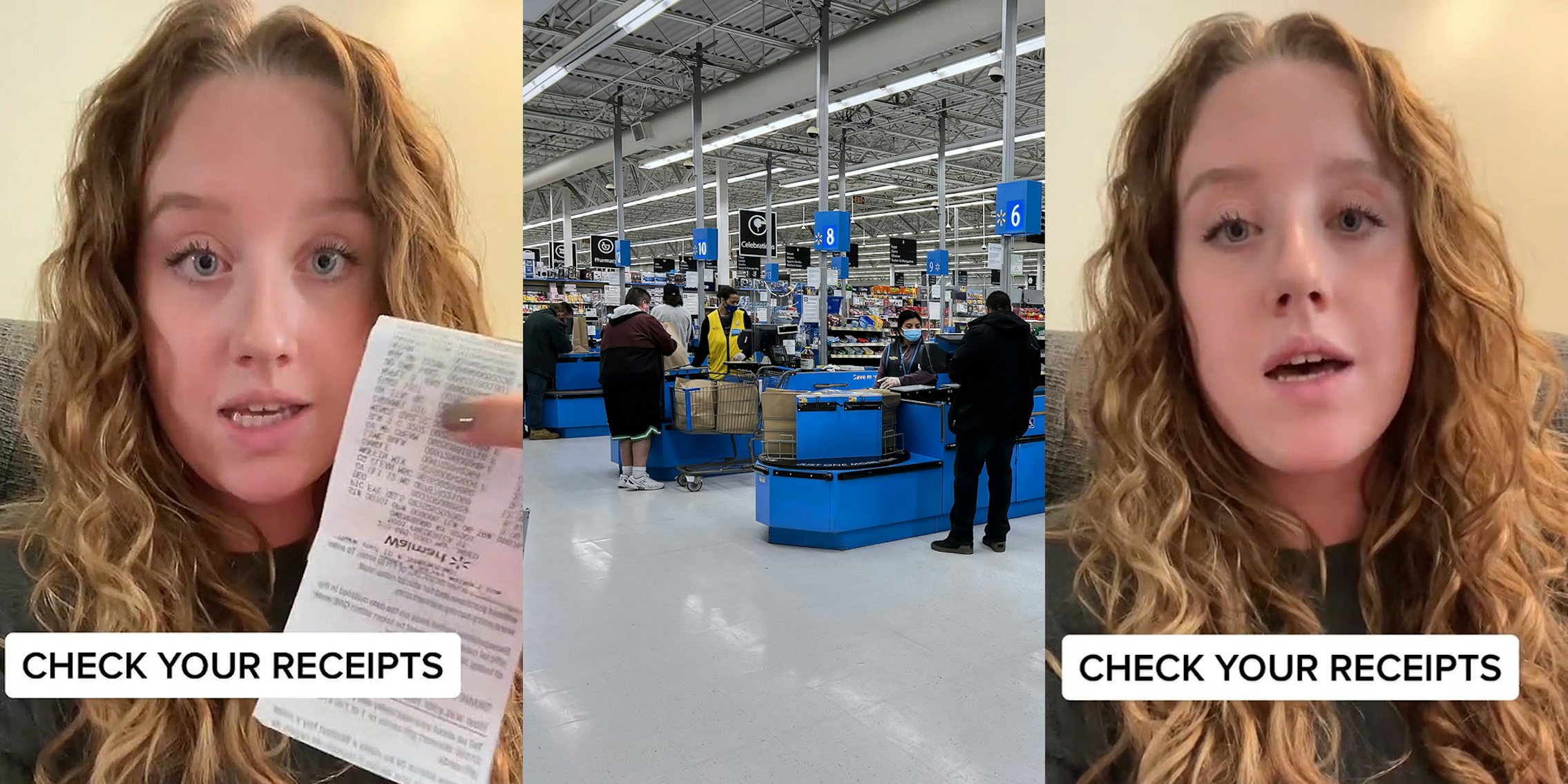 woman speaking holding receipt caption 'CHECK YOUR RECEIPTS' (L) Walmart checkout aisles (c) woman speaking caption 'CHECK YOUR RECEIPTS' (r)