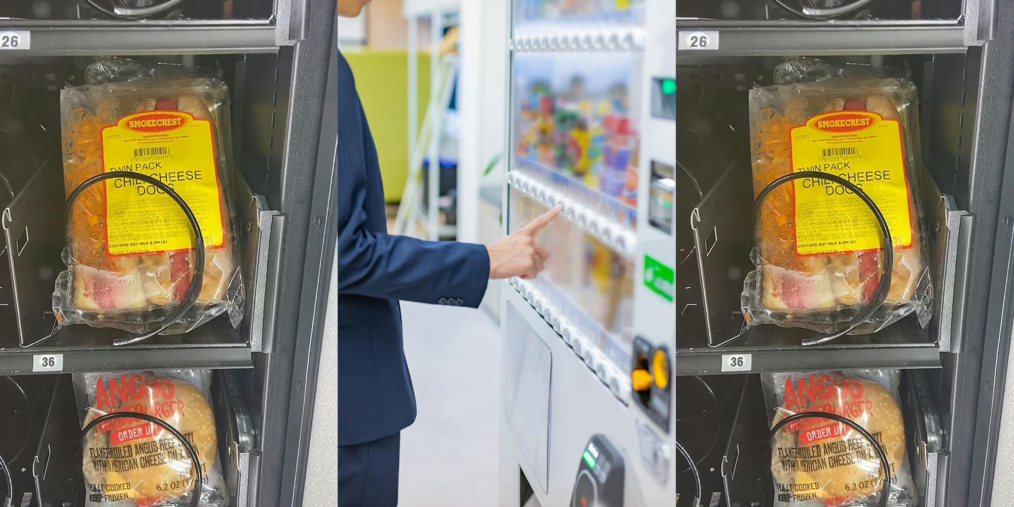 chili cheese dog in vending machine (l) man at work vending machine choosing item (c) chili cheese dog in vending machine (r)
