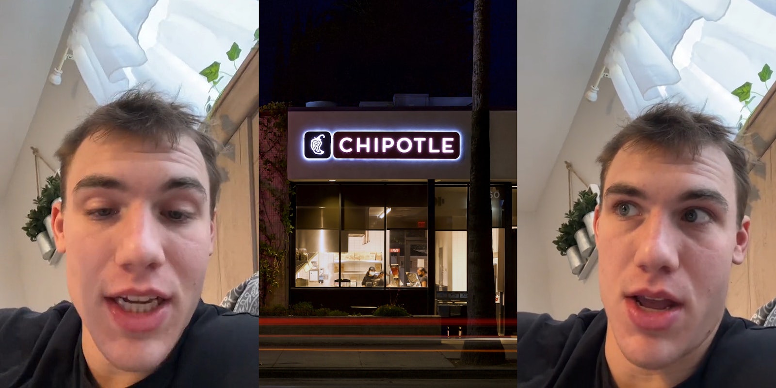 man speaking in bed (l) Chipotle building with sign at night (c) man speaking on bed (r)