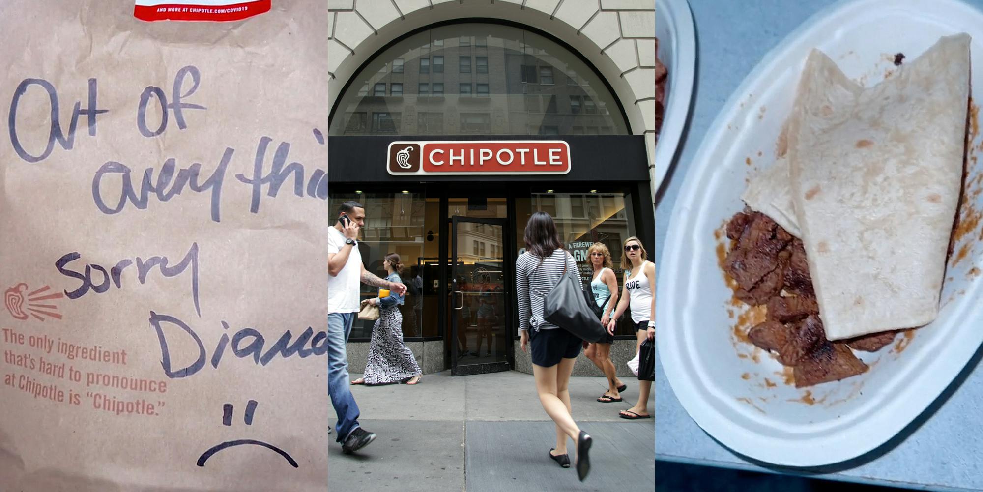 DoorDash delivery of Chipotle food in paper bag caption " Out of everything sorry" (l) Chipotle sign on building front with people walking by (c) Chipotle food in bowl (r)