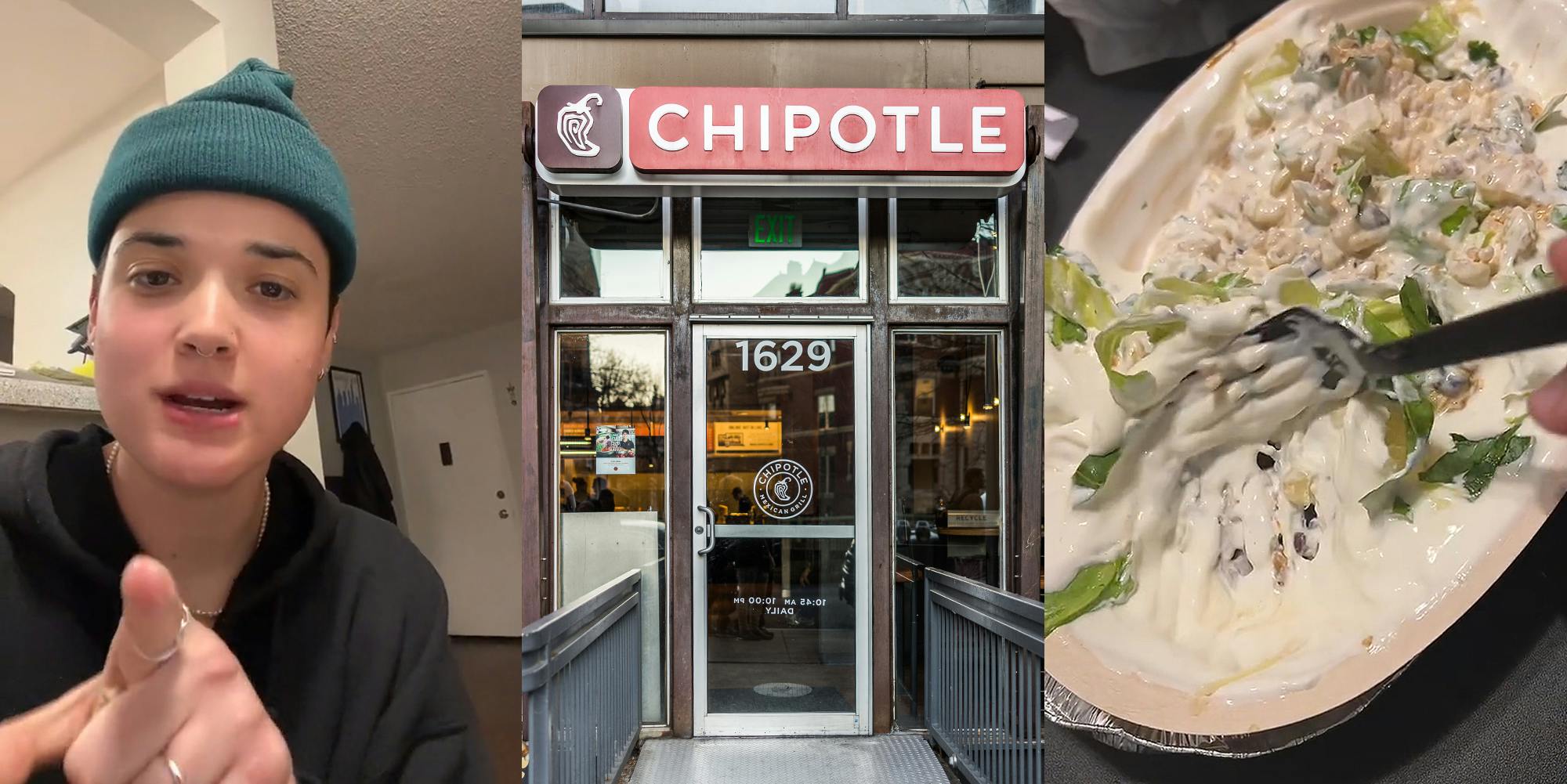 person speaking pointing to camera (l) Chipotle sign on building with glass door (c) Chipotle food in bowl (r)