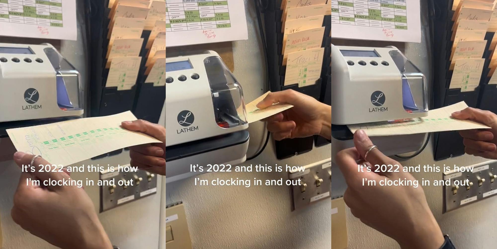 woman clocking in with card caption "It's 2022 and this is how I'm clocking in and out" (l) woman clocking in with card caption "It's 2022 and this is how I'm clocking in and out" (c) woman clocking in with card caption "It's 2022 and this is how I'm clocking in and out" (r)