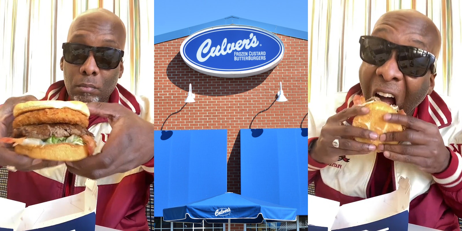man holding Curder Burger from Culver's (l) Culver's building with sign (c) man about to take a bite of burger in hands (r)
