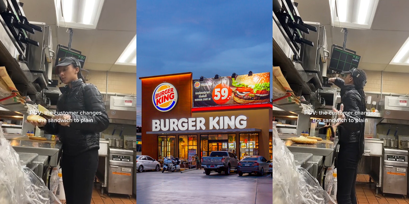 Burger King employee making sandwich caption 'POV: the customer changes the sandwich to plain' (l) Burger King restaurant and parking lot (c) Burger King employee making sandwich caption 'POV: the customer changes the sandwich to plain' (r)