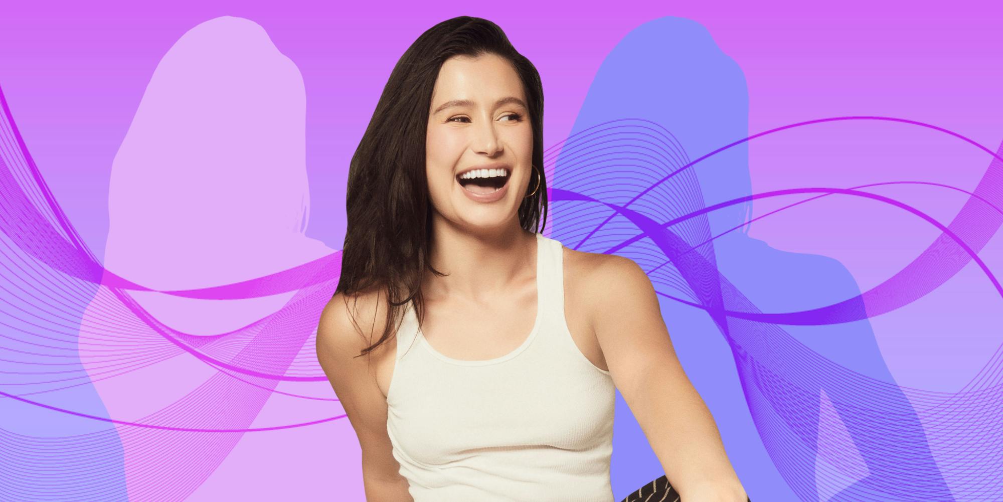 Delaney Rowe smiling in front of purple to blue vertical gradient background Passionfruit Remix